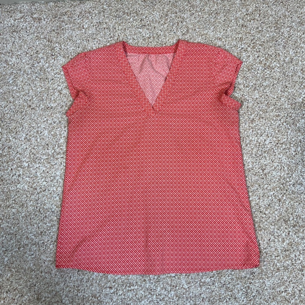 Red Geometric Print V-Neck Cap Sleeve Blouse Top Women's Size M